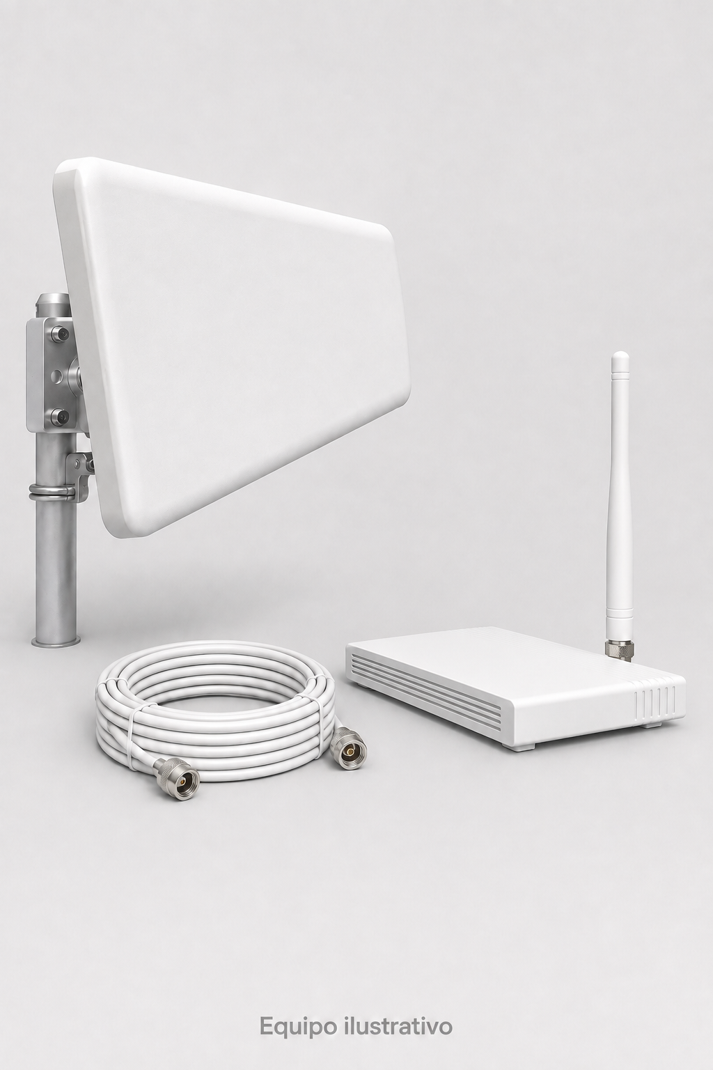 Representación del kit con antena exterior, cable y unidad interior con antena